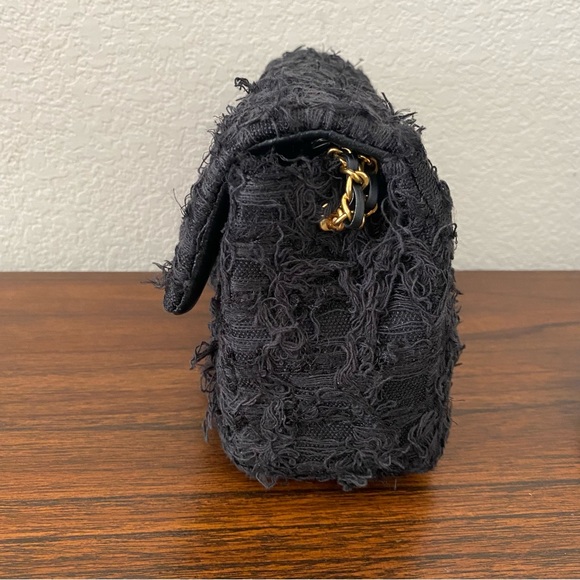 Black Fringe Tweed Leather Classic Single Flap Crossbody Chain Bag Medallion C2 - Picture 7 of 14